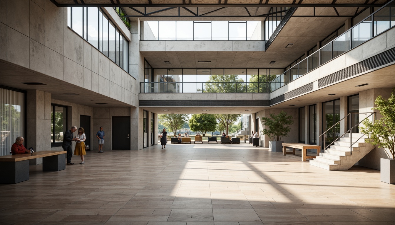 Prompt: Modern high school building, exposed concrete walls, industrial metal beams, polished wooden floors, minimalist decor, abundant natural light, large windows, sliding glass doors, open atriums, sleek staircases, brutalist architecture, rugged stone facades, geometric shapes, clean lines, monochromatic color scheme, subtle textures, soft diffused lighting, 1/2 composition, shallow depth of field, realistic reflections, ambient occlusion.Please let me know if this meets your requirements!