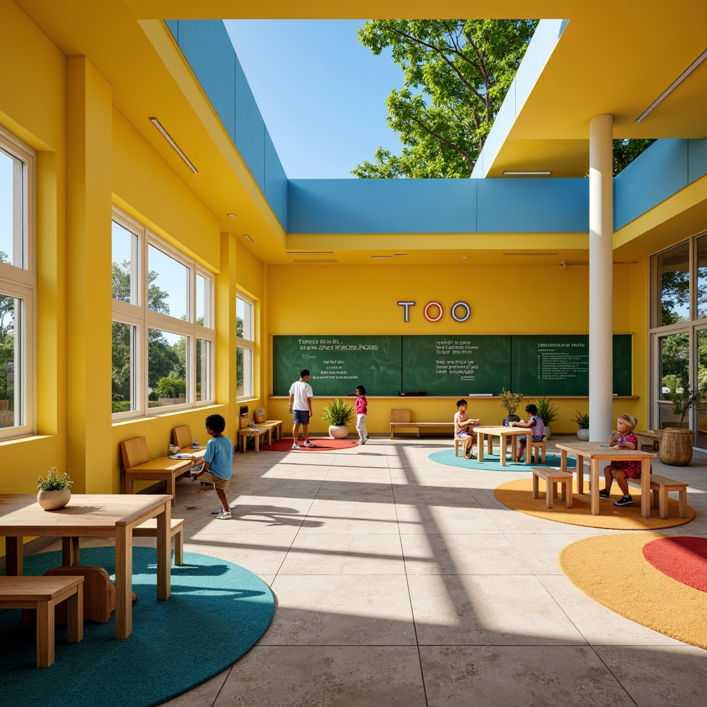 Prompt: Vibrant elementary school, bright yellow walls, sky blue accents, green chalkboard surfaces, wooden classroom furniture, colorful learning carpets, modern LED lighting, open-concept classrooms, collaborative workspaces, inspirational quotes, educational decorations, fun patterned curtains, soft beige corridors, natural stone floors, outdoor playgrounds, sunny days, warm atmospheric lighting, shallow depth of field, 3/4 composition, realistic textures, ambient occlusion.