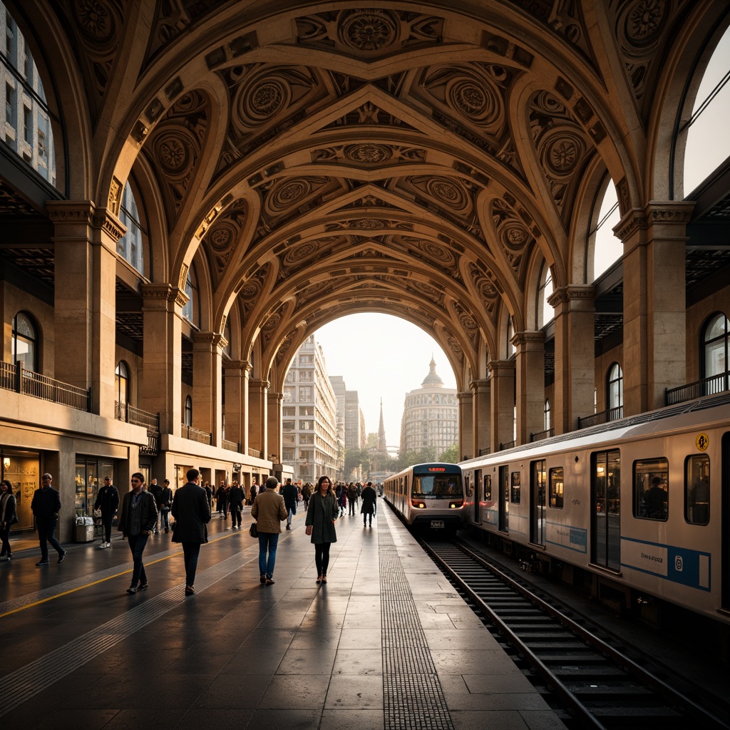 Prompt: Grandiose metro station, Romanesque archways, ornate columns, vaulted ceilings, intricate stone carvings, warm golden lighting, bustling pedestrian traffic, sleek modern trains, stainless steel rails, industrial metal textures, urban cityscape views, morning rush hour, soft natural light, shallow depth of field, 1/1 composition, realistic reflections, ambient occlusion.