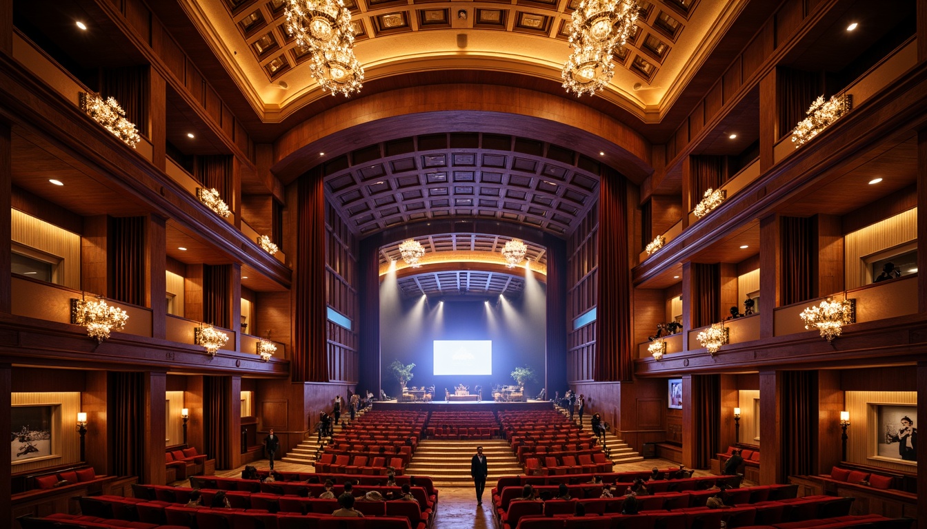 Prompt: Elegant concert house, rich wood tones, velvety curtains, polished marble floors, ornate chandeliers, grand staircases, acoustic panels, luxurious VIP boxes, plush red seating, intricate sound systems, state-of-the-art lighting rigs, dramatic spotlights, soft warm glow, 1/2 composition, shallow depth of field, realistic textures, ambient occlusion, evening atmosphere, sophisticated urban setting.