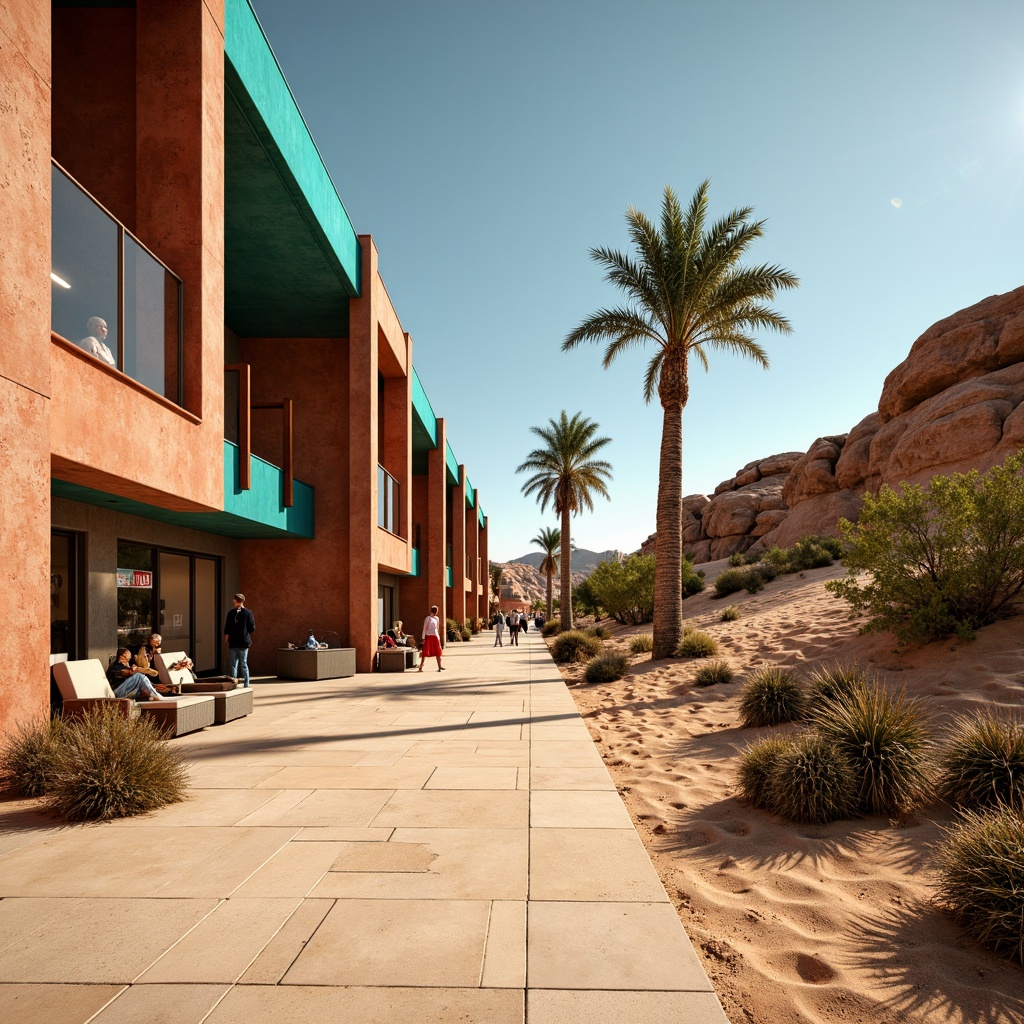 Prompt: Vibrant desert landscape, sandy dunes, cactus plants, warm sunny day, clear blue sky, modern metro station architecture, terracotta red walls, sandy beige floors, turquoise glass accents, rusted metal details, earthy brown columns, natural stone textures, ambient occlusion, realistic lighting effects, shallow depth of field, 3/4 composition, panoramic view, warm color temperature, high contrast ratio, bold typography, Arabic-inspired patterns, intricate geometric motifs.