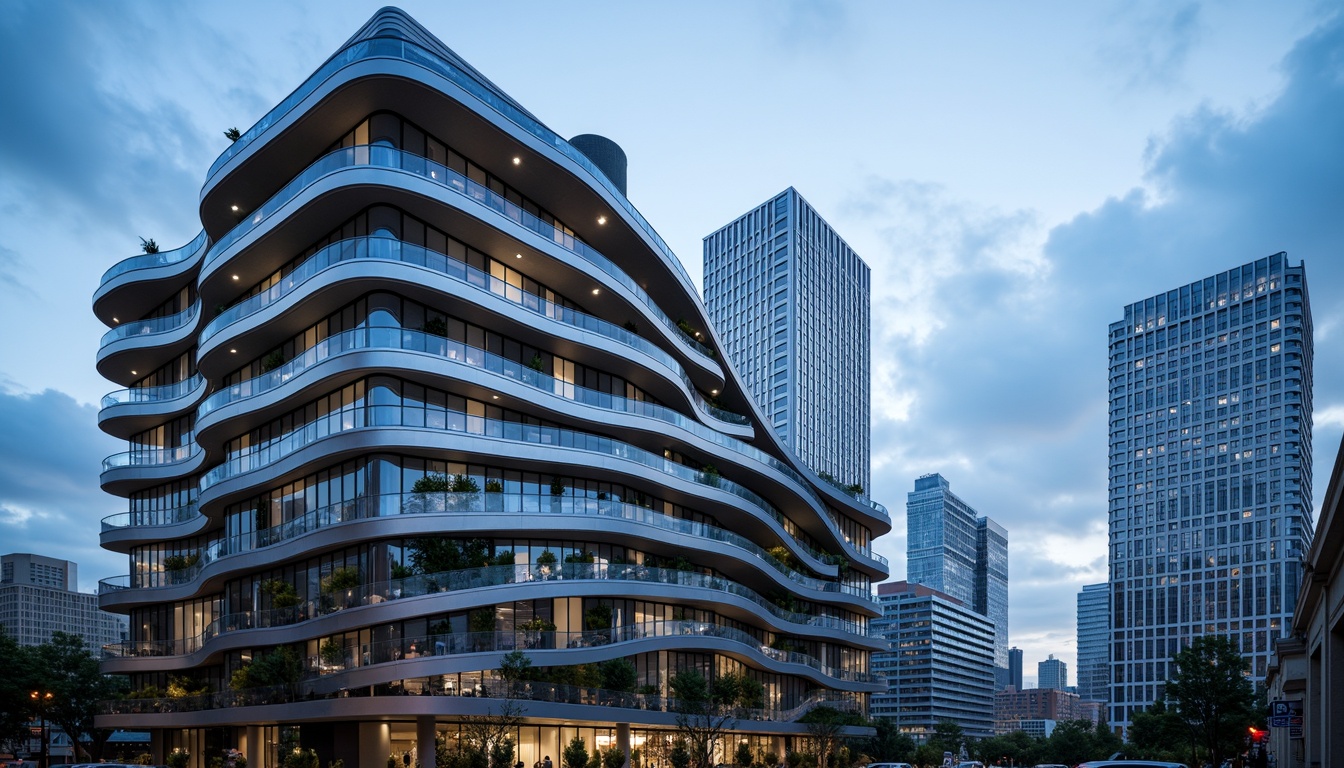 Prompt: Curved building fa\u00e7ades, metallic cladding, silver accents, minimalist ornamentation, horizontal emphasis, ribbon windows, cantilevered balconies, aerodynamic shapes, futuristic skyscrapers, urban cityscape, cloudy blue sky, dramatic shading, high-contrast lighting, 1/2 composition, cinematic perspective, realistic reflections, ambient occlusion.