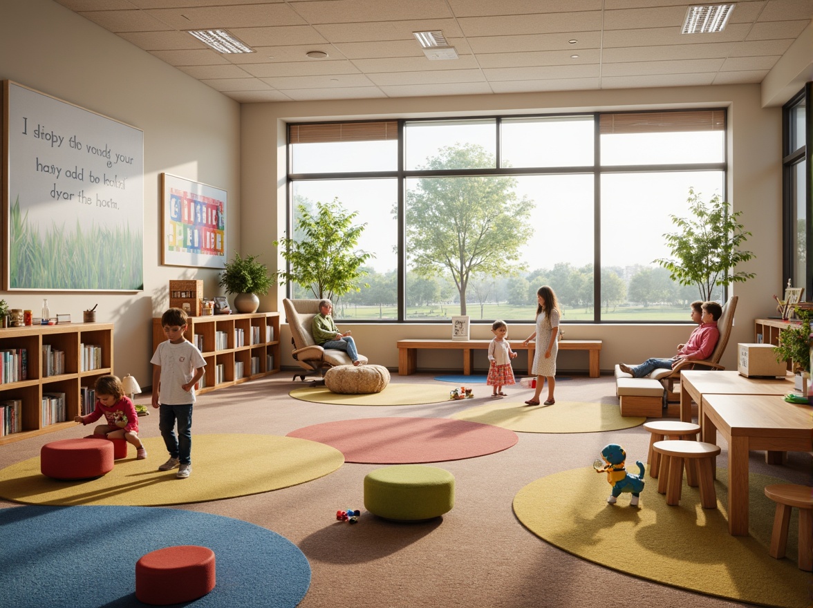 Prompt: Vibrant kindergarten, playful learning zones, interactive whiteboards, colorful educational toys, soft carpeted floors, cozy reading nooks, circular gathering areas, natural wooden tables, ergonomic chairs, inspirational quotes, stimulating artwork, abundance of natural light, warm atmosphere, shallow depth of field, 1/1 composition, realistic textures, ambient occlusion.