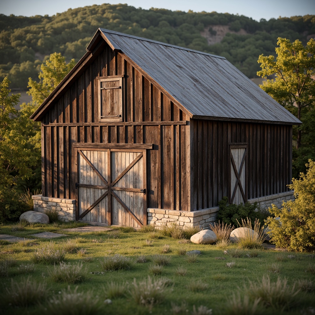 Prompt: Rustic barn, weathered wooden planks, earthy brown color palette, muted greenery, vintage metal accents, distressed textures, natural stone foundations, rolling hills, countryside landscape, soft warm lighting, shallow depth of field, 3/4 composition, realistic wood grains, ambient occlusion, serene atmosphere.