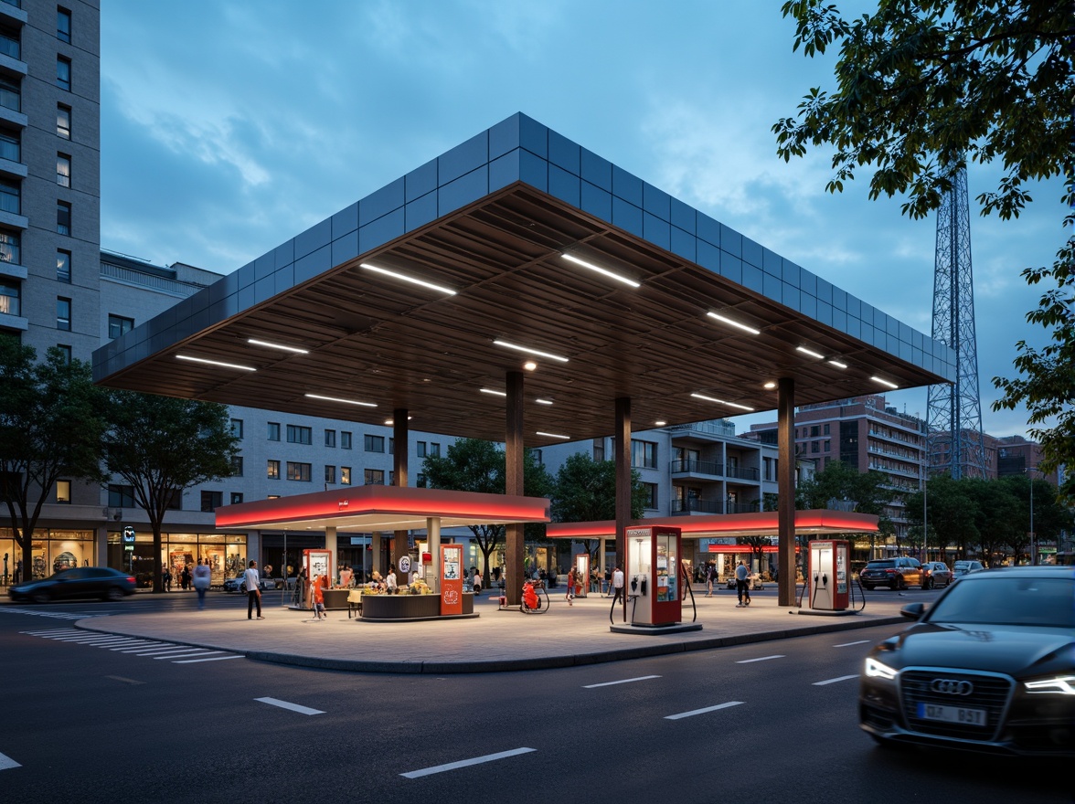 Prompt: Modernist gas station, sleek metal canopy, minimalist design, functional layout, open spaces, geometric shapes, industrial materials, bold color scheme, angular lines, cantilevered roof, floodlighting, 3/4 composition, shallow depth of field, realistic textures, ambient occlusion, urban landscape, busy streets, metropolitan atmosphere, rush hour traffic, city lights, soft warm glow.