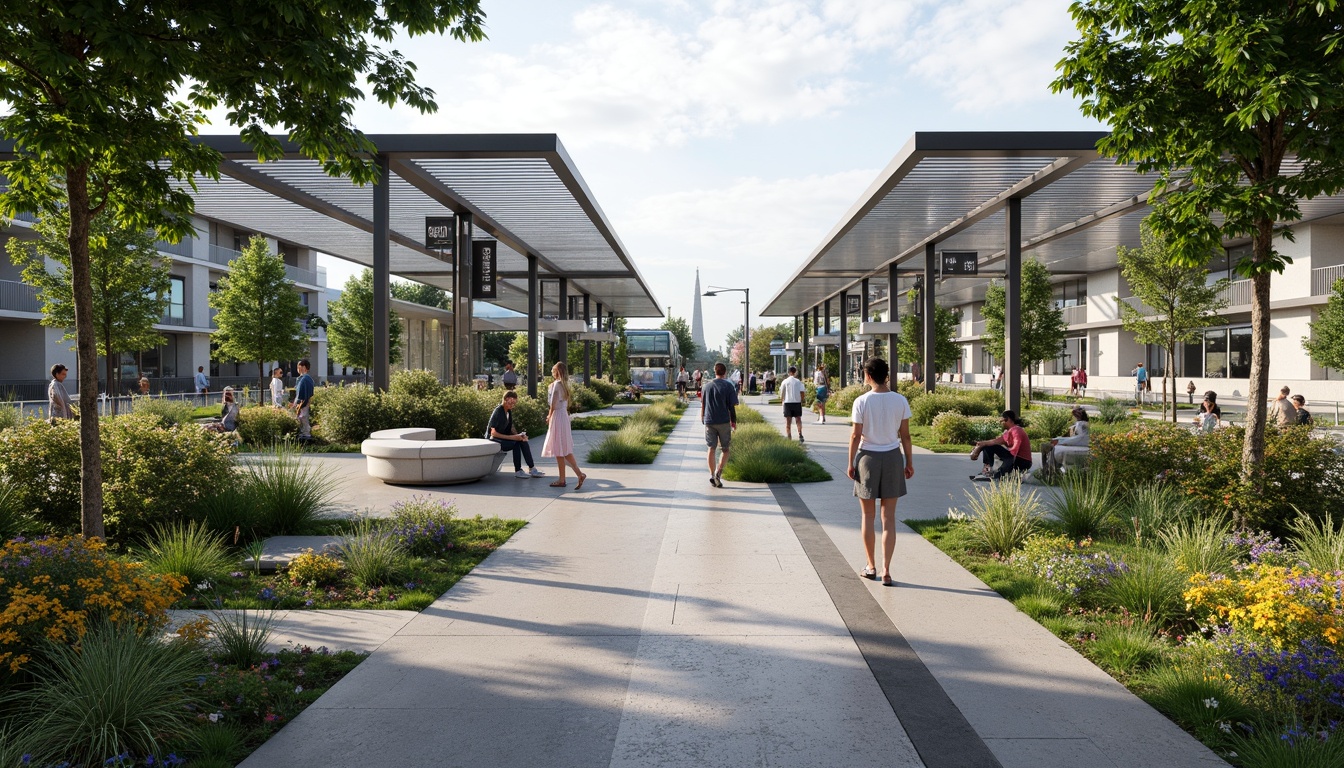 Prompt: Urban tram station, modern landscaping, lush greenery, vibrant flowers, pedestrian pathways, public seating areas, steel railings, LED lighting, urban furniture, contemporary architecture, sleek glass canopies, open spaces, people walking, bustling atmosphere, shallow depth of field, 3/4 composition, panoramic view, realistic textures, ambient occlusion.