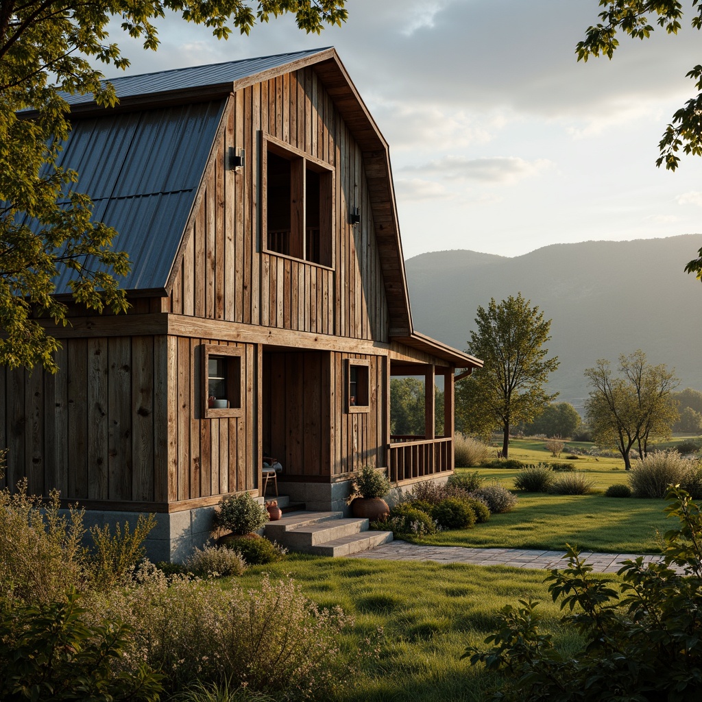 Prompt: Rustic barn, weathered wood, corrugated metal roofs, hayloft windows, agricultural equipment, farm tools, rural landscape, rolling hills, green pastures, wildflowers, sunny afternoon, soft warm lighting, shallow depth of field, 3/4 composition, panoramic view, realistic textures, ambient occlusion, wooden accents, natural stone foundations, earthy color palette, vintage decorative elements, distressed finishes, modern minimalist interior design.