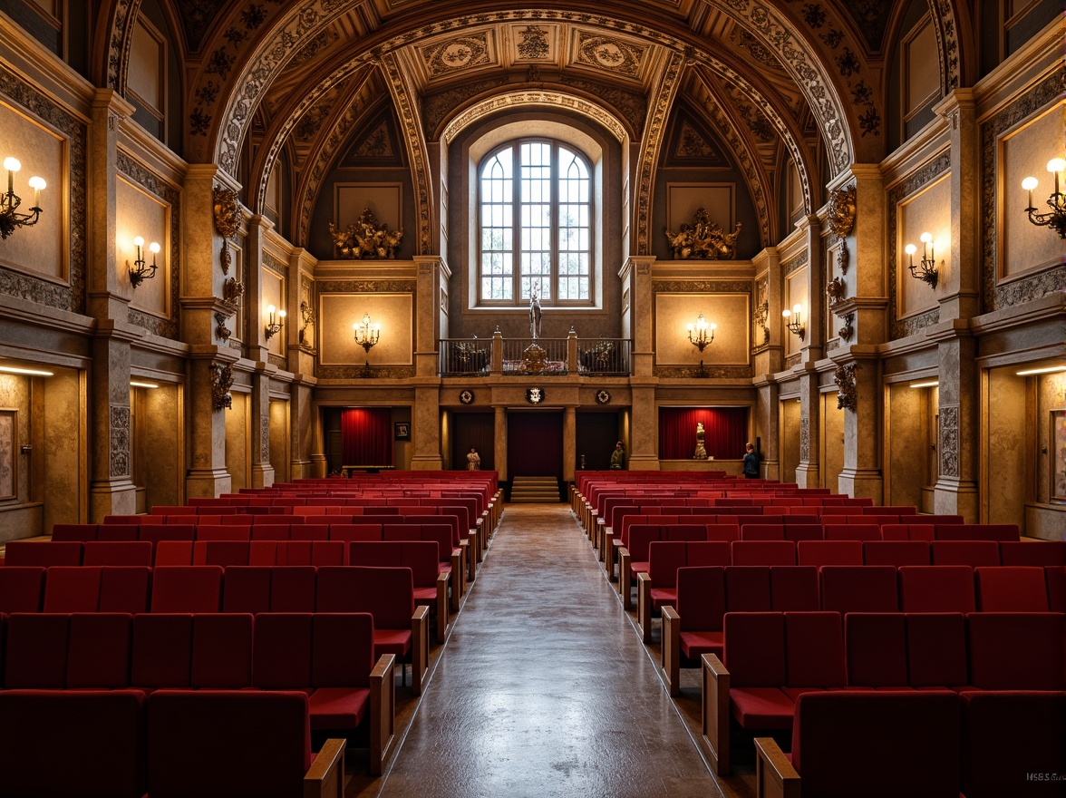 Prompt: Richly ornamented auditorium, Romanesque architectural style, textured stone walls, intricate carvings, grand archways, vaulted ceilings, ornate chandeliers, plush red velvet seats, polished wooden floors, majestic columns, golden accents, soft warm lighting, dramatic shadows, 3/4 composition, symmetrical framing, realistic textures, ambient occlusion.