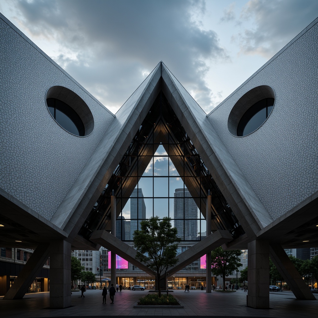 Prompt: Triangular roofs, circular columns, rectangular facades, hexagonal tiles, angular lines, geometric patterns, modern building architecture, sleek metal frames, minimalist design, brutalist structures, concrete textures, industrial materials, urban cityscape, cloudy sky, dramatic shadows, high-contrast lighting, 1/1 composition, symmetric balance, abstract forms, futuristic vibes, neon accents, bold color schemes.