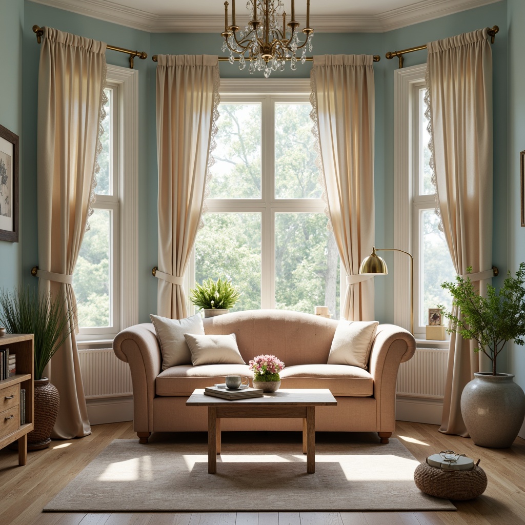 Prompt: Soft powder blue walls, creamy white trim, warm beige floors, gentle natural light, cozy reading nook, plush velvet sofa, rounded wooden coffee table, delicate lace curtains, vintage ornate frames, elegant crystal chandelier, subtle texture patterns, calm serene atmosphere, shallow depth of field, 1/1 composition, warm golden hour lighting.