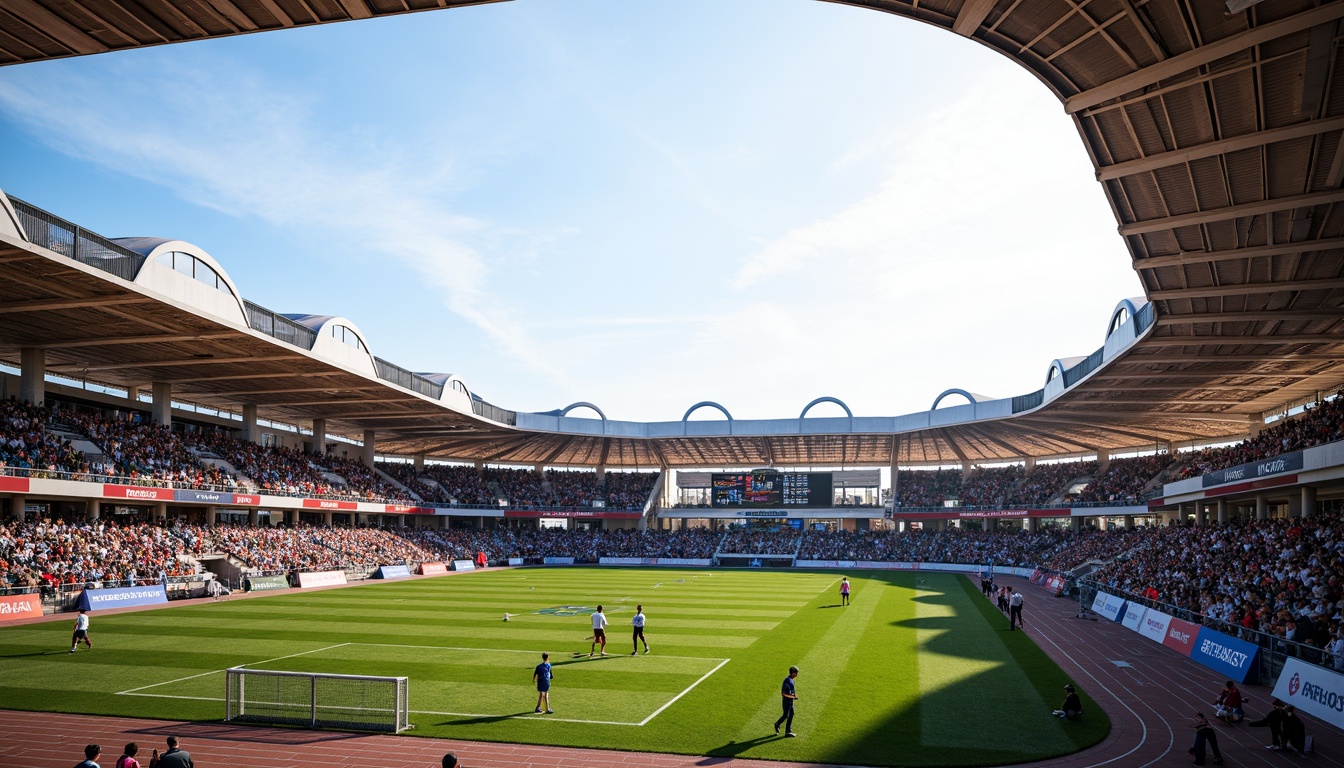 Prompt: Spectator-filled grandstands, undulating rooflines, vibrant team colors, dynamic LED lighting, sleek metallic cladding, angular geometric patterns, modern curvaceous architecture, large cantilevered roofs, open-air concourses, stadium seating, athletic track, lush green grass, sunny day, soft warm lighting, shallow depth of field, 3/4 composition, panoramic view, realistic textures, ambient occlusion.