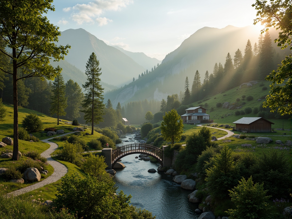 Prompt: Scenic valley landscape, rolling hills, lush green forests, meandering river streams, rustic wooden bridges, weathered stone pathways, serene mountain vistas, misty foggy mornings, warm golden lighting, shallow depth of field, 1/2 composition, panoramic view, realistic water effects, ambient occlusion, natural rock formations, wildflower fields, bird's-eye view, gentle breeze, soft rustling sounds.