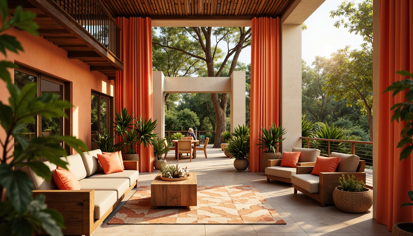 Prompt: Vibrant tangerine hues, warm golden accents, soft peach undertones, rich coral shades, deep turquoise contrasts, natural linen textures, woven rattan patterns, lush green foliage, sunny afternoon lighting, shallow depth of field, 1/2 composition, realistic renderings, ambient occlusion.