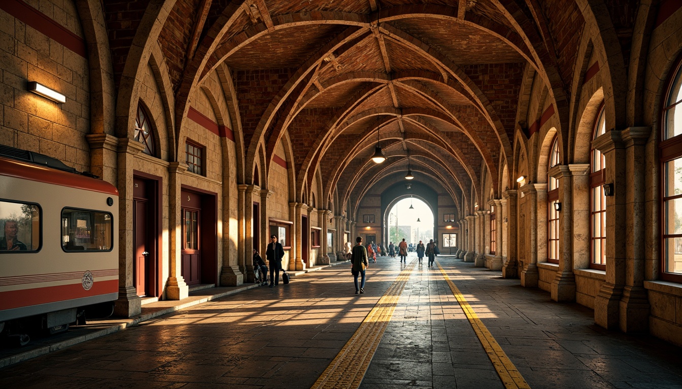 Prompt: Romanesque metro station, archaic stone walls, rustic brick textures, medieval-inspired vaulted ceilings, grandiose entranceways, ornate columns, carved stonework, intricate mosaics, warm golden lighting, dramatic shadows, rough-hewn stone flooring, imposing arches, sturdy piers, robust architecture, historic ambiance, vintage train cars, nostalgic atmosphere, soft focus, shallow depth of field, 1/2 composition, symmetrical framing.