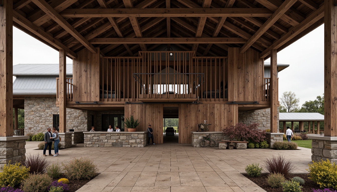 Prompt: Rustic barn, wooden beams, exposed trusses, metal accents, industrial chic, reclaimed wood, distressed finishes, vintage agricultural tools, earthy color palette, natural stone foundations, corrugated metal roofing, sliding barn doors, rustic metal hardware, worn wooden planks, rural landscape, overcast sky, soft warm lighting, shallow depth of field, 1/2 composition, symmetrical framing, realistic textures, ambient occlusion.