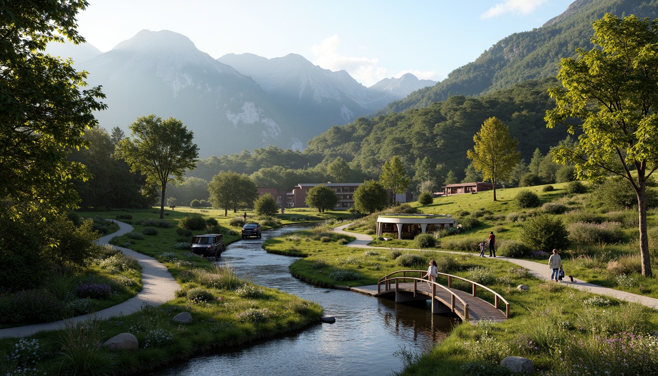 Prompt: Serene mountainous backdrop, lush green forests, winding rivers, rustic wooden bridges, natural stone pathways, eco-friendly buildings, curved lines, organic shapes, sustainable materials, green roofs, living walls, vertical gardens, minimalist design, seamless integration, soft warm lighting, shallow depth of field, 3/4 composition, panoramic view, realistic textures, ambient occlusion.