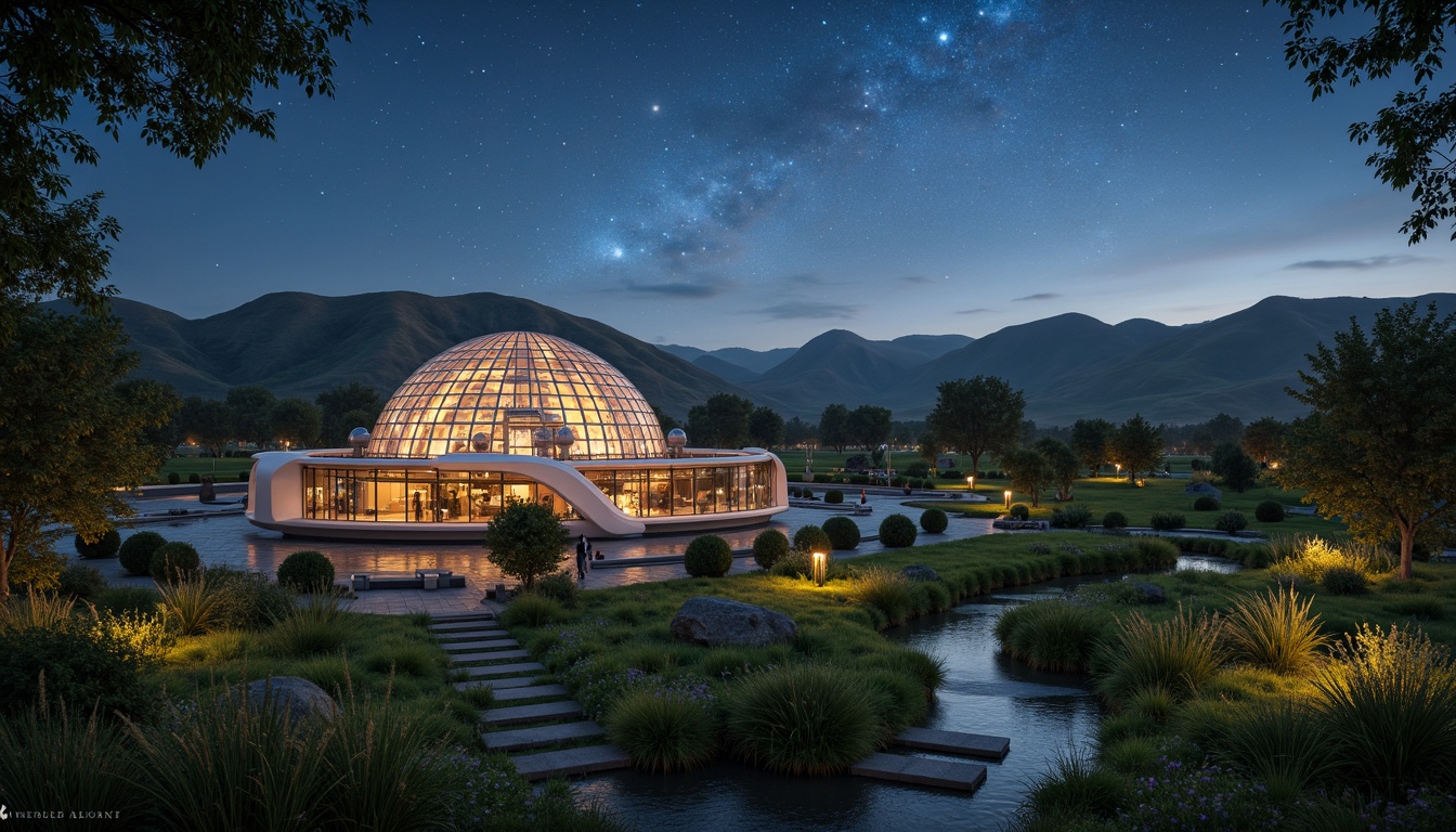 Prompt: Celestial planetarium, rolling hills, vast grasslands, starry night sky, twinkling lights, spherical architecture, futuristic design, metallic surfaces, glass domes, surrounding moat, water features, stepping stones, native wildflowers, tall grasses, rustic wooden benches, meandering pathways, soft warm lighting, shallow depth of field, 1/1 composition, panoramic view, realistic textures, ambient occlusion.