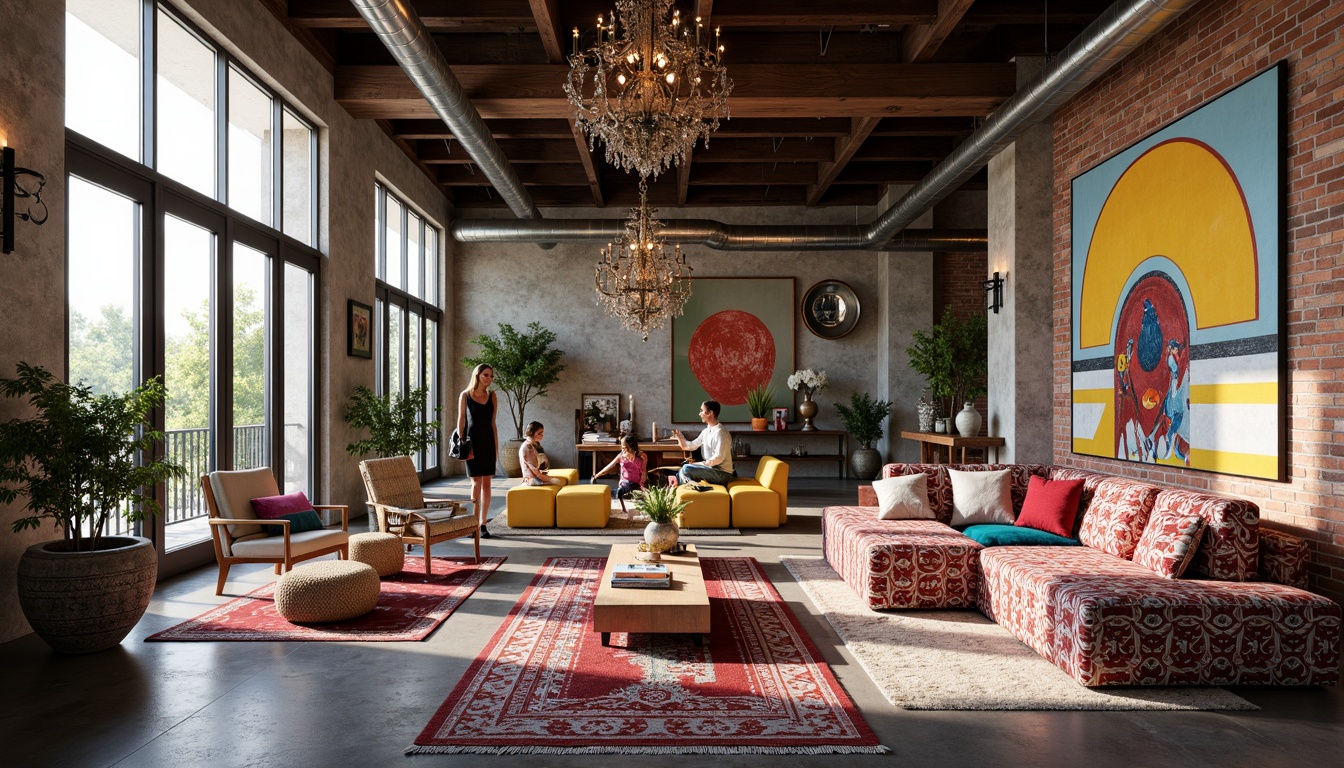 Prompt: Vibrant eclectic interior, bold color palette, mix-and-match furniture, ornate patterns, abstract artwork, unique sculptures, industrial metal beams, reclaimed wood accents, polished concrete floors, dramatic chandeliers, floor-to-ceiling windows, natural light pouring in, cozy reading nooks, plush area rugs, oversized sectional sofas, avant-garde decorative objects, rich textiles, intricate molding details, open-plan living spaces, flexible modular design, dynamic spatial relationships, 1/2 composition, softbox lighting, realistic material reflections.