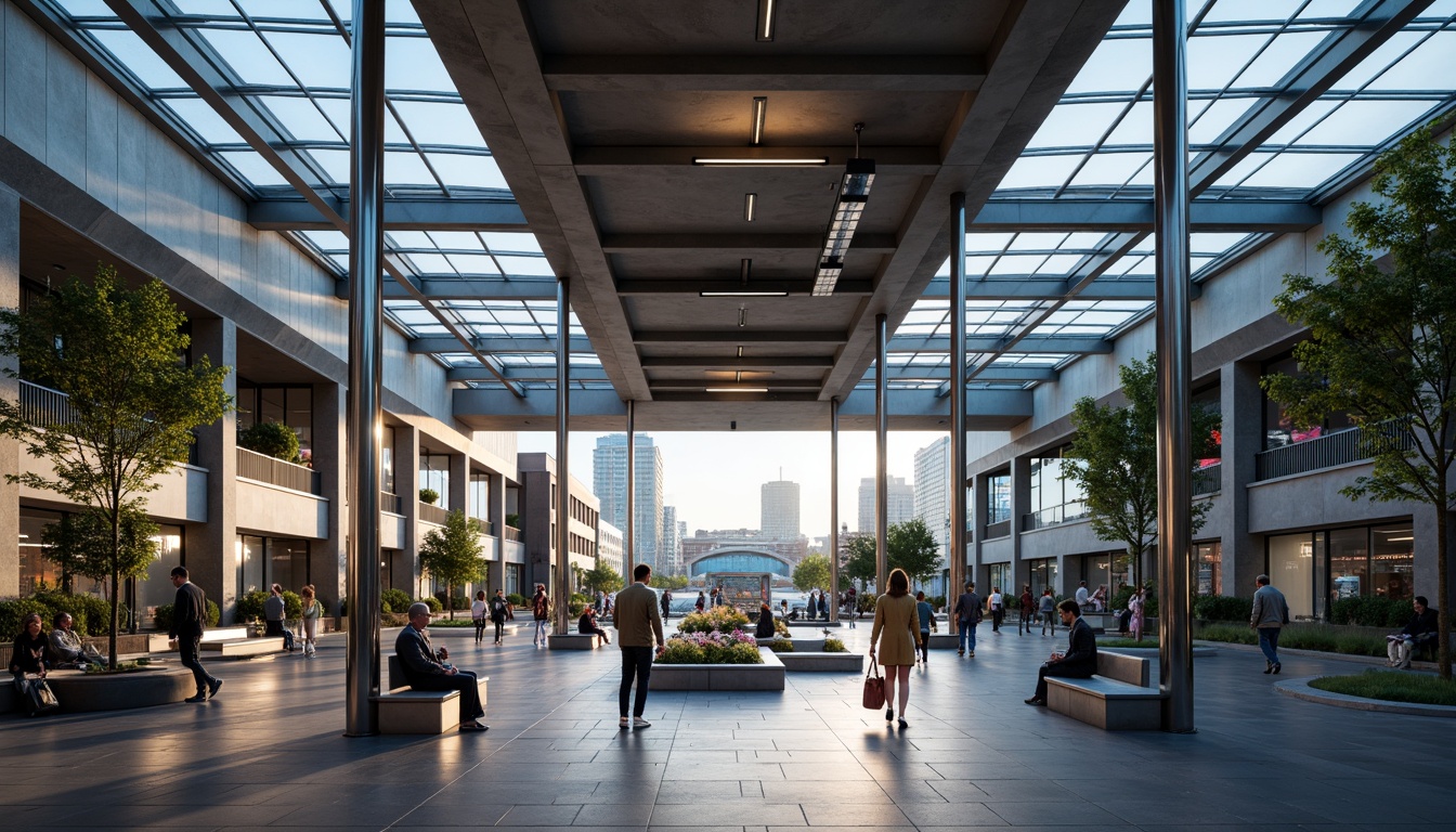 Prompt: Contemporary train station, sleek metal columns, polished chrome accents, large glass roofs, natural stone floors, minimalist benches, modern LED lighting, subtle gradient colors, futuristic digital displays, stainless steel handrails, matte black signage, urban cityscape, bustling atmosphere, morning rush hour, soft warm lighting, shallow depth of field, 1/1 composition, realistic reflections, ambient occlusion.