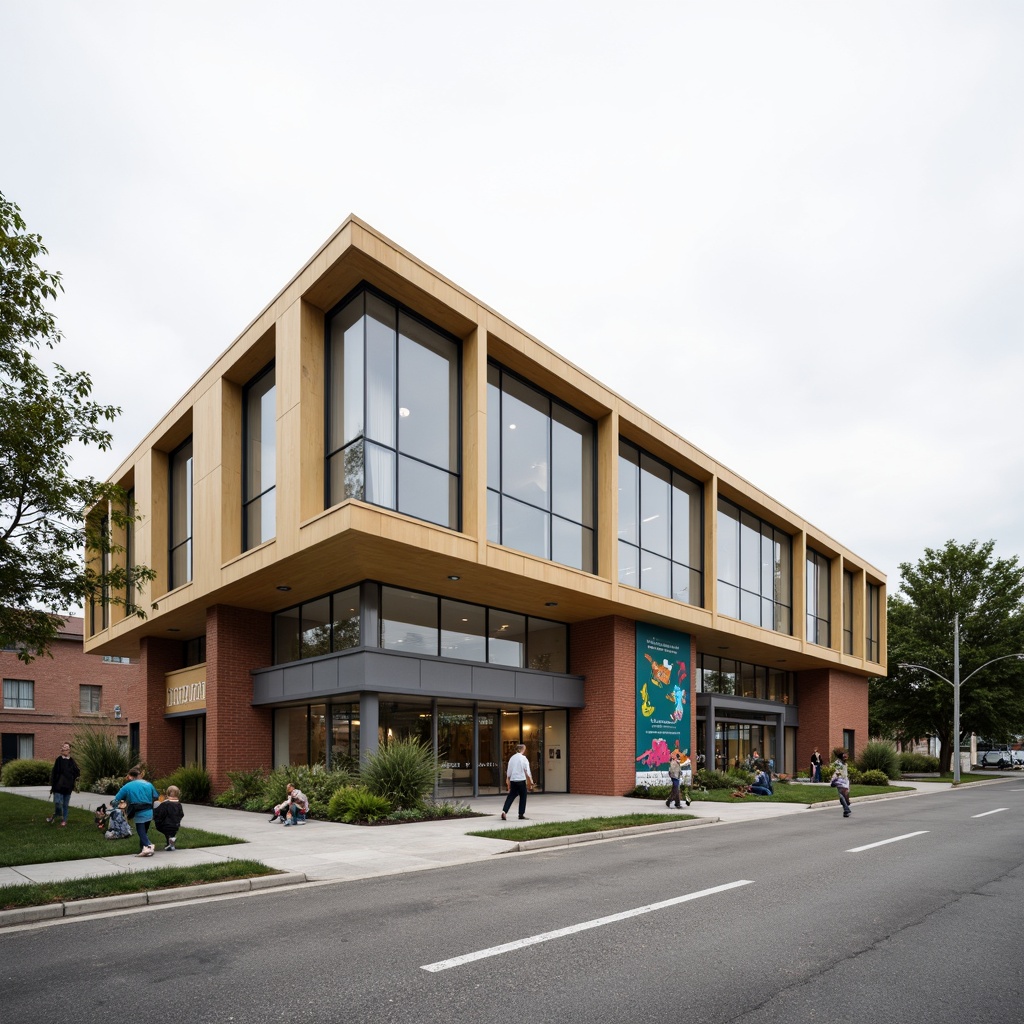 Prompt: Geometric elementary school facade, rectangular forms, clean lines, minimal ornamentation, functional simplicity, bright primary colors, large windows, industrial metal doors, cantilevered roofs, open floor plans, collaborative learning spaces, natural materials, exposed brick walls, concrete floors, modernist typography, educational signage, urban surroundings, asphalt playgrounds, minimalist landscaping, overcast sky, softbox lighting, 2.5D composition, detailed textures, subtle ambient occlusion.