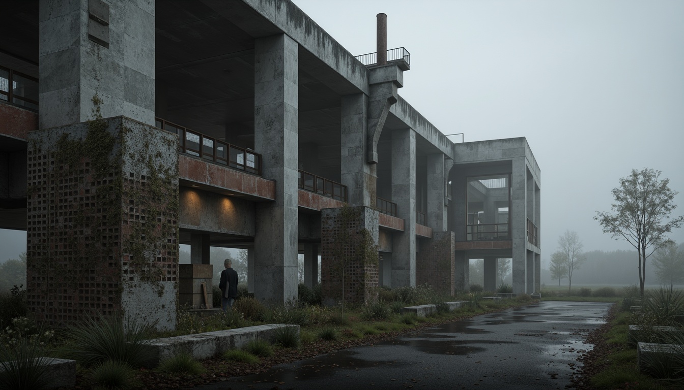 Prompt: Rustic brutalist architecture, exposed concrete structures, raw industrial materials, metallic accents, weathered wooden textures, fragmented geometric forms, dramatic lighting effects, moody atmospheric conditions, cloudy grey skies, misty foggy mornings, shallow depth of field, 2/3 composition, cinematic framing, high-contrast rendering, realistic wear and tear, subtle ambient occlusion.