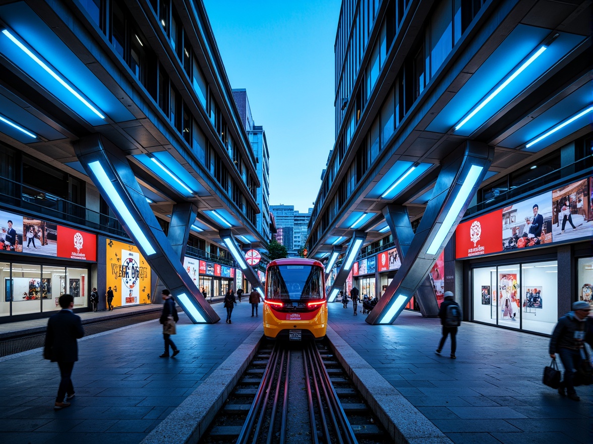 Prompt: Futuristic tram station, neon-lit advertisements, sleek metal pillars, LED lighting strips, glass roofs, modern angular architecture, dynamic color schemes, electric blue accents, metallic silver tones, bright white illumination, dark grey concrete floors, stainless steel railings, urban cityscape, busy pedestrian traffic, rush hour atmosphere, shallow depth of field, 1/1 composition, realistic reflections, ambient occlusion.