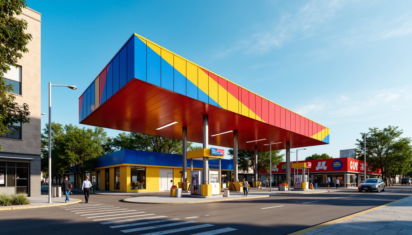 Prompt: Vibrant gas station, bold geometric shapes, primary color scheme, red accents, blue undertones, yellow highlights, clean lines, minimalist design, industrial materials, steel structures, glass canopies, sleek fuel pumps, modernist architecture, urban landscape, busy city streets, sunny day, high contrast lighting, deep shadows, graphic compositions, abstract textures, 1/1 aspect ratio.