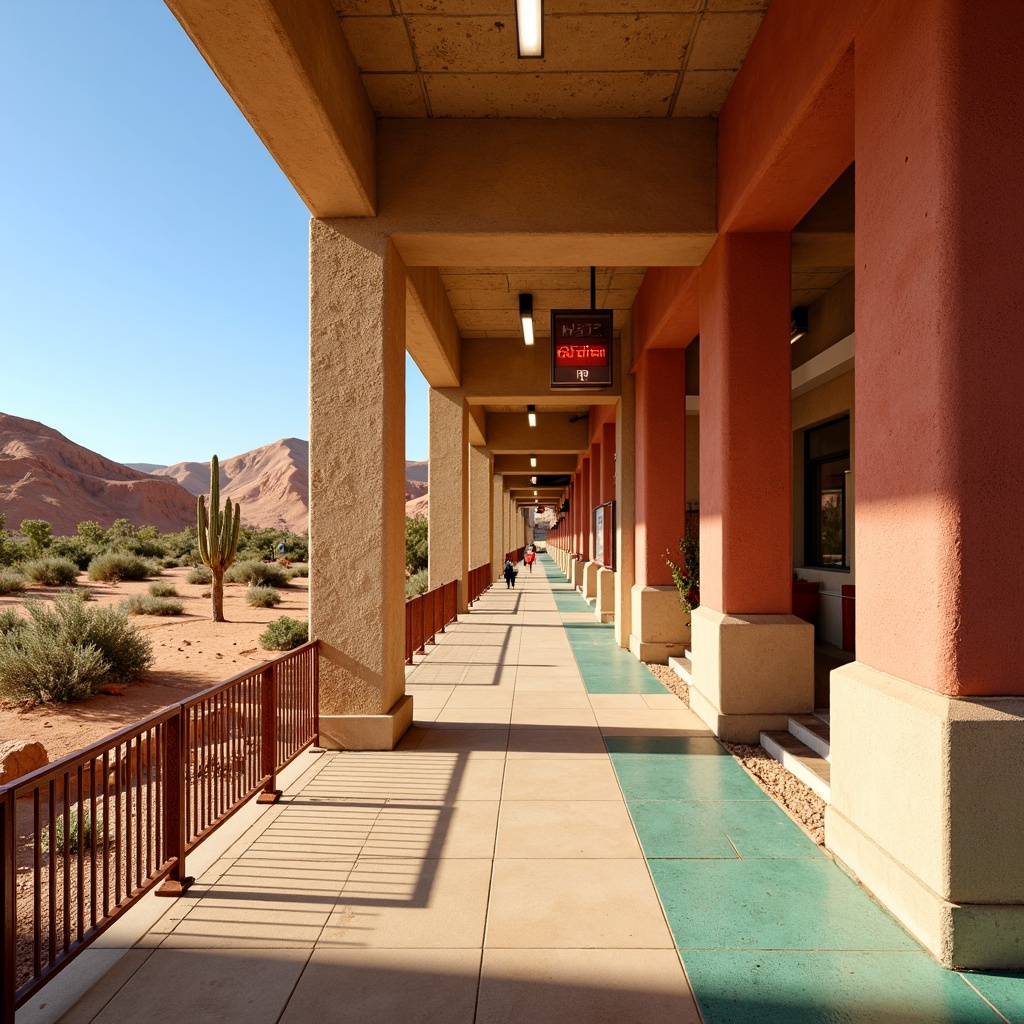 Prompt: Vibrant desert landscape, sandy dunes, cactus plants, warm sunny day, clear blue sky, modern metro station architecture, earthy tone walls, terracotta red columns, sandy beige floors, turquoise accent tiles, rusty metal railings, warm golden lighting, shallow depth of field, 3/4 composition, panoramic view, realistic textures, ambient occlusion.