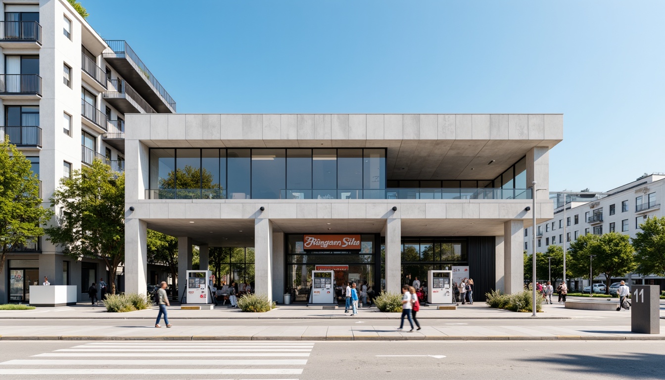 Prompt: Modern gas station, minimalist facade, clean lines, rectangular forms, industrial materials, steel beams, concrete walls, large glass windows, bold typography, geometric shapes, functional design, urban setting, cityscape background, sunny day, high-contrast lighting, dramatic shadows, 1/1 composition, symmetrical framing, bold color scheme, primary colors, avant-garde aesthetic.