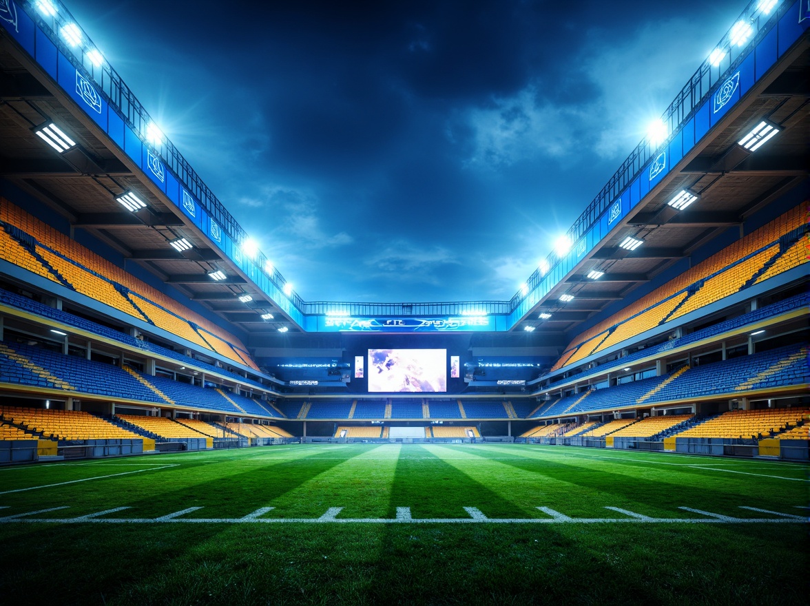 Prompt: Vibrant sports stadium, bold team colors, electric blue accents, bright yellow highlights, energetic orange hues, deep green seats, sleek metallic finishes, modern architecture, retractable roofs, massive LED screens, dynamic lighting systems, atmospheric fog effects, 3/4 composition, low-angle photography, cinematic rendering, realistic textures, ambient occlusion.