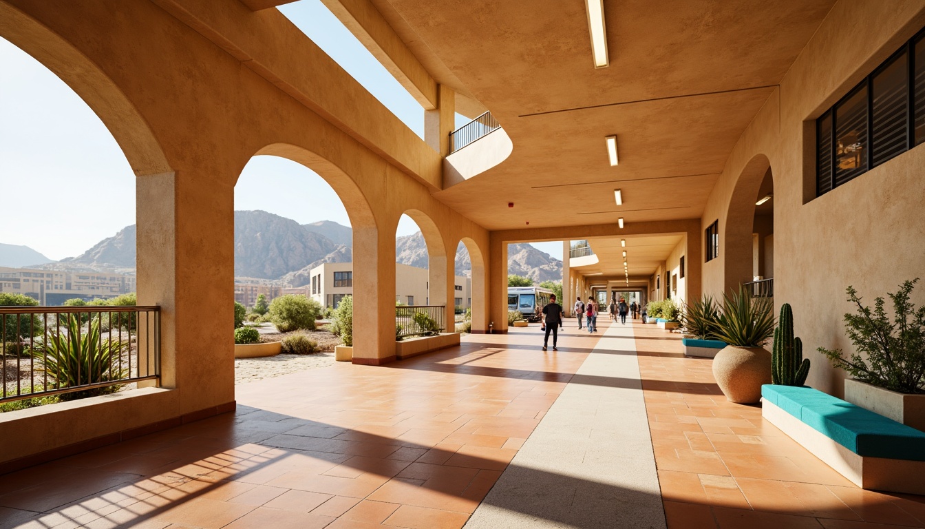 Prompt: Vibrant desert metro station, sandy beige walls, turquoise accents, warm terracotta floors, stainless steel railings, futuristic LED lighting, curved architectural lines, minimalist benches, cactus-inspired planters, vast open spaces, natural stone columns, earthy tone ceramics, sunset-inspired gradients, soft warm glow, shallow depth of field, 3/4 composition, panoramic view, realistic textures, ambient occlusion.