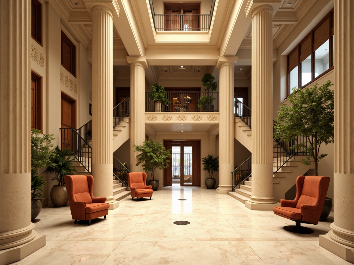 Prompt: Elegant classical columns, ornate details, symmetrical facades, cream-colored marble, soft golden lighting, warm beige walls, rich walnut wood, intricate moldings, subtle texture contrasts, timeless neutral tones, earthy terracotta accents, sophisticated stone carvings, refined metalwork, grandiose staircases, luxurious velvet fabrics, majestic high ceilings, dramatic chiaroscuro, 1/2 composition, low-angle view, warm color harmony.