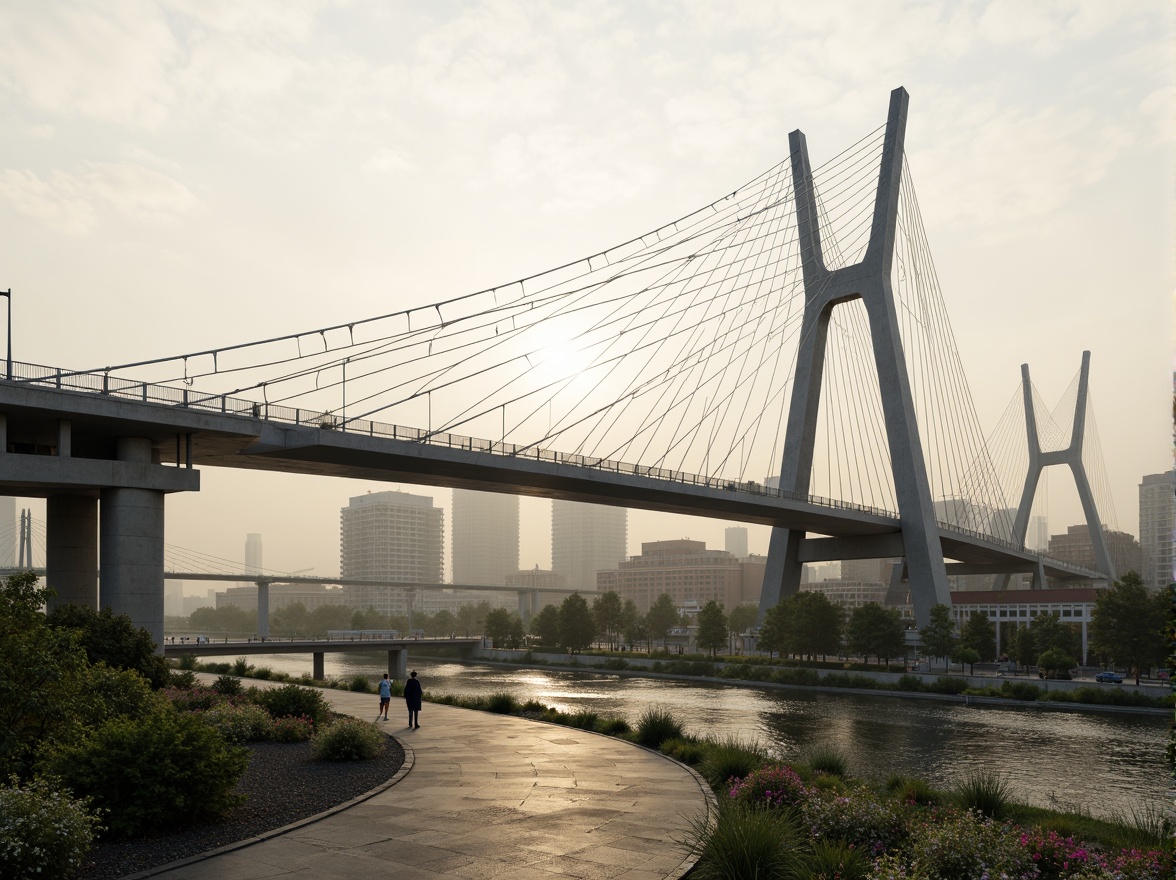 Prompt: Sleek bridge structure, curved lines, modern architecture, steel cables, suspension towers, urban cityscape, misty morning, soft warm lighting, shallow depth of field, 1/2 composition, realistic reflections, ambient occlusion; Functional pedestrian pathways, accessible ramps, sturdy handrails, safety fencing, efficient drainage systems, durable concrete materials, vibrant greenery, blooming flowers, serene water flow, gentle riverbanks.