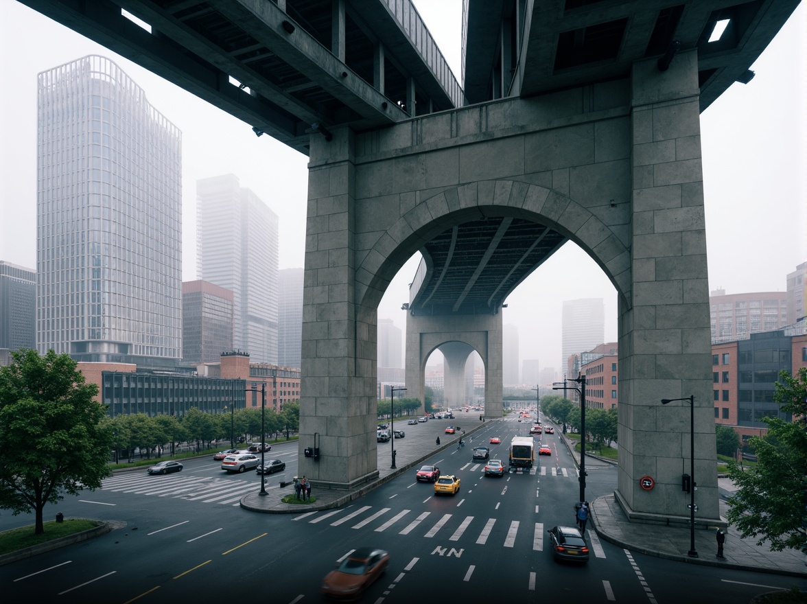 Prompt: Functional bridge structure, modern engineering techniques, steel beams, suspension cables, reinforced concrete piers, urban cityscape, busy traffic flow, morning rush hour, misty atmospheric conditions, shallow depth of field, 1/2 composition, realistic metallic textures, ambient occlusion, subtle color palette, neutral tone, natural lighting.