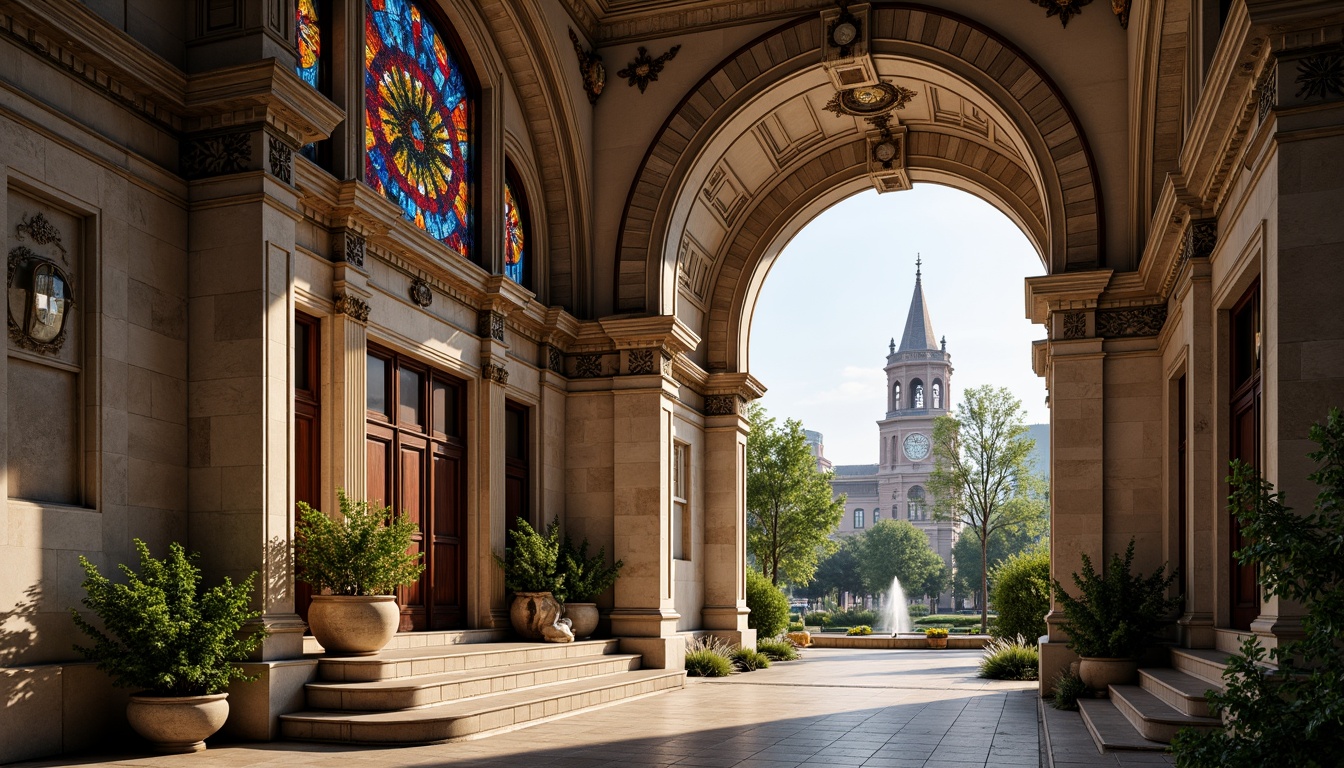 Prompt: Intricate stone carvings, ornate metalwork, grand entranceways, sweeping arches, decorative columns, vibrant stained glass, majestic clock towers, delicate filigree, rustic wooden accents, lush greenery, flowering vines, sparkling fountains, soft warm lighting, shallow depth of field, 3/4 composition, panoramic view, realistic textures, ambient occlusion.