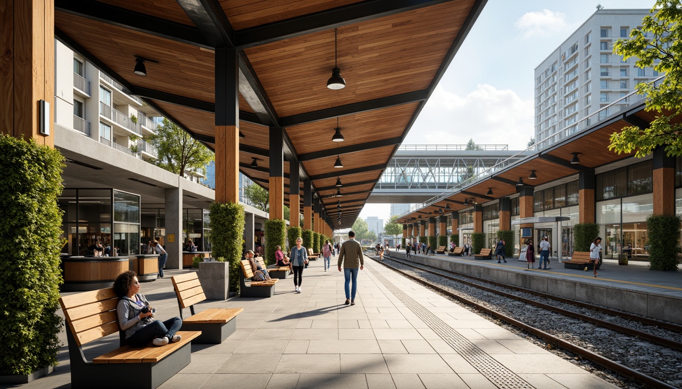 Prompt: Vibrant train station, natural stone flooring, reclaimed wood accents, living green walls, energy-efficient lighting, solar panels, rainwater harvesting systems, recycled plastic benches, eco-friendly signage, modern minimalist design, angular metal structures, large glass windows, sliding doors, urban cityscape, busy pedestrian traffic, warm afternoon sunlight, shallow depth of field, 1/1 composition, realistic textures, ambient occlusion.