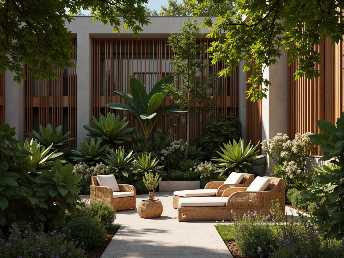 Prompt: Organic botanical forms, intricate leaf patterns, natural stone textures, earthy color palette, wooden accents, woven fibers, rattan furniture, blooming flowers, lush greenery, serene ambiance, soft warm lighting, shallow depth of field, 3/4 composition, realistic textures, ambient occlusion.