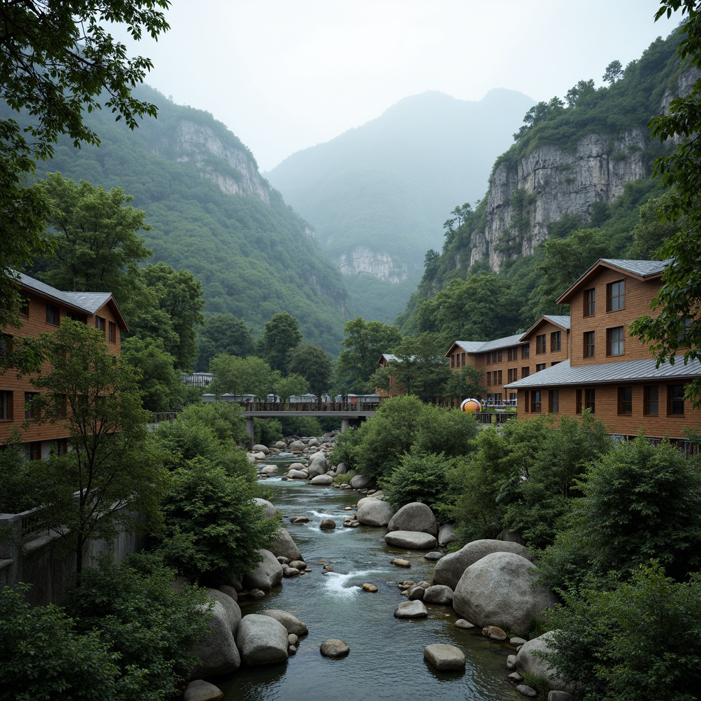 Prompt: Serene mountainous backdrop, lush green forests, meandering rivers, natural stone formations, rustic wooden bridges, eco-friendly buildings, curved lines, organic shapes, earthy color palette, blending with surroundings, seamless transitions, subtle lighting effects, misty atmosphere, soft focus, shallow depth of field, 2/3 composition, panoramic view, realistic textures, ambient occlusion.