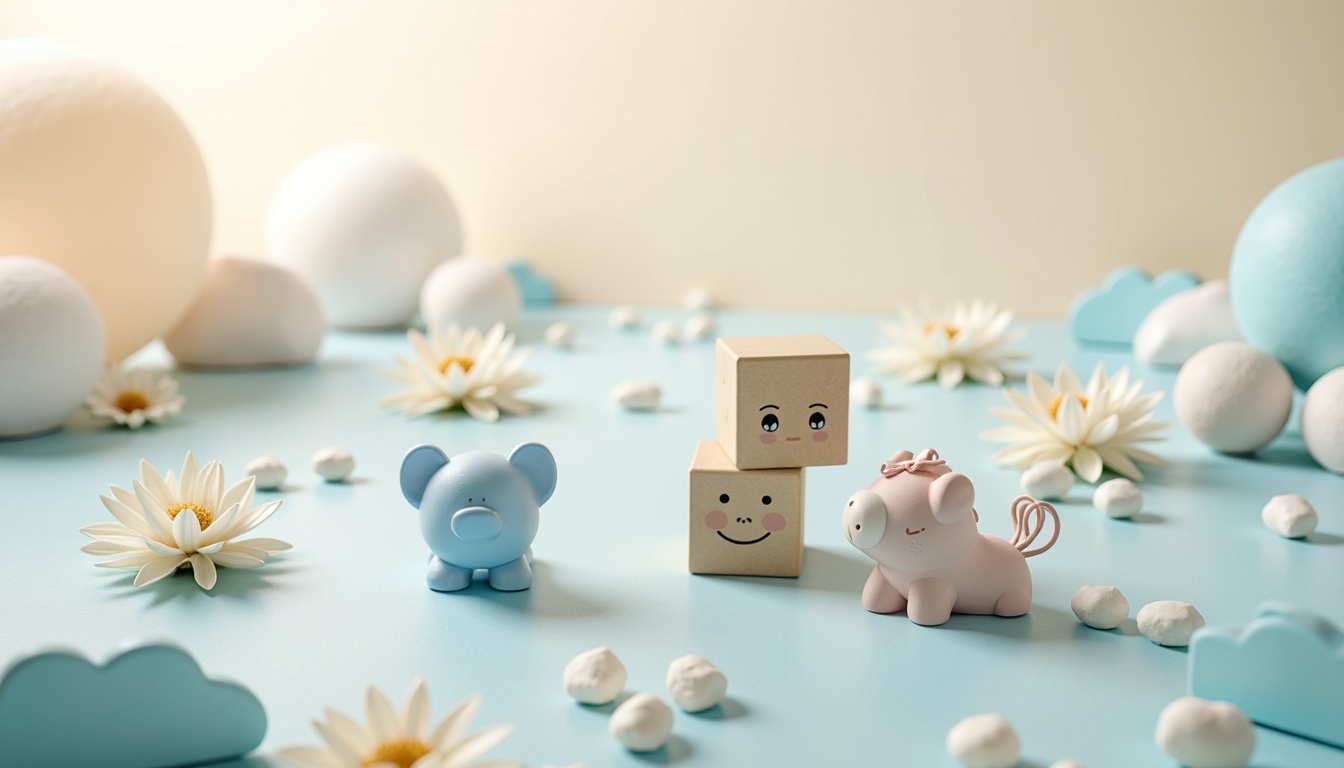 Prompt: Soft baby blue accents, gentle pastel hues, creamy whites, warm beige tones, delicate florals, nursery rhyme characters, playful toy blocks, rounded edges, whimsical patterns, cloud-inspired shapes, dreamy atmospheric lighting, soft focus, shallow depth of field, 1/1 composition, intimate close-up views, realistic textures, subtle ambient occlusion.