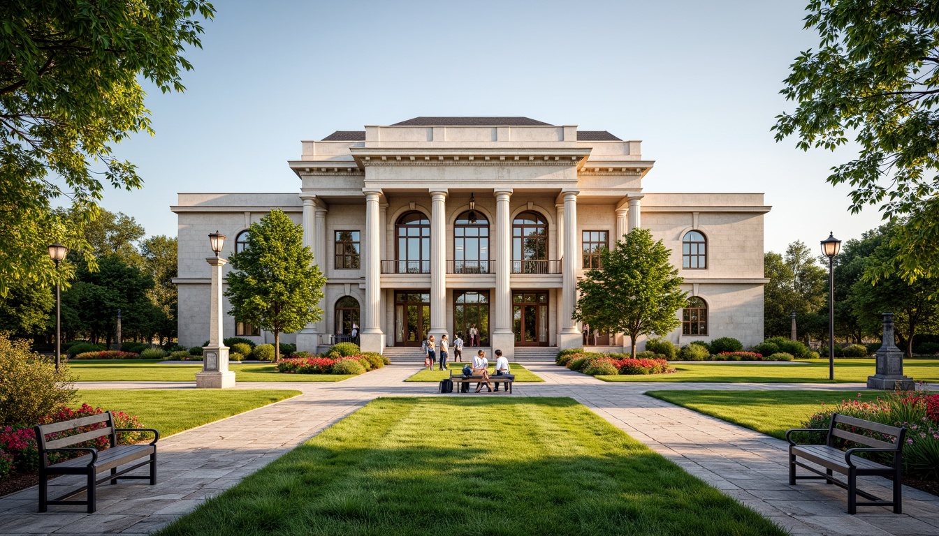 Prompt: Majestic courthouse building, neoclassical architecture, grand stone columns, ornate facades, symmetrical design, manicured lawns, vibrant flower beds, lush greenery, walking paths, benches, historic lamp posts, natural stone walkways, blooming trees, sunny day, soft warm lighting, shallow depth of field, 3/4 composition, panoramic view, realistic textures, ambient occlusion.