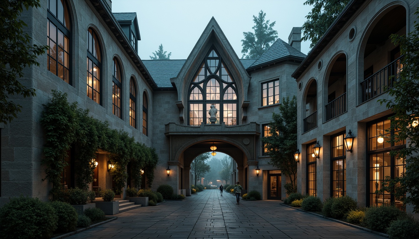 Prompt: Rustic stone walls, pointed arches, ribbed vaults, stained glass windows, grandiose entrance gates, intricate carvings, weathered copper roofs, ornate metalwork, mystical gargoyles, dramatic flying buttresses, ivy-covered facades, mysterious lanterns, foggy atmospheric lighting, cinematic composition, high contrast ratio, rich textures, ambient occlusion.