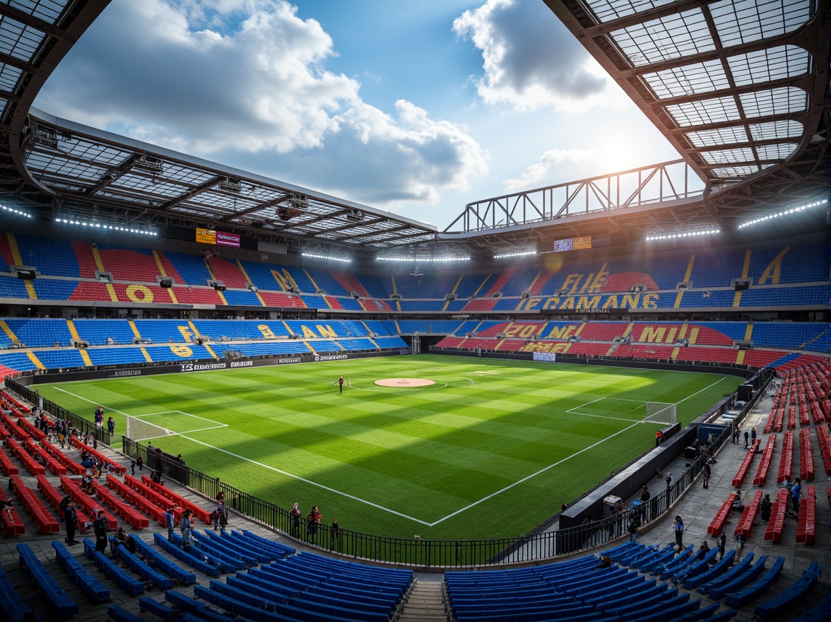 Prompt: Vibrant sports stadium, bold color scheme, dynamic seating arrangement, electric blue accents, fiery red highlights, sunny yellow branding, lush green turf, modern LED lighting, sleek metal infrastructure, abstract geometric patterns, urban architectural design, cloudy sky with dramatic sunlight, high-angle shot, 2/3 composition, cinematic lens flares, realistic atmospheric effects.