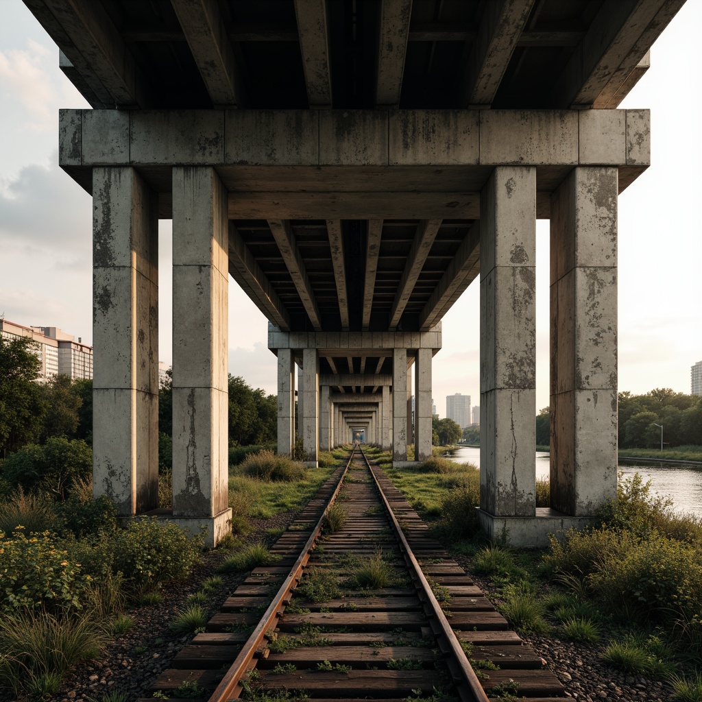 Prompt: Rugged brutalist bridges, industrial concrete structures, imposing pillars, weathered steel beams, harsh urban landscapes, abandoned railways, overgrown vegetation, neglected riversides, dystopian atmosphere, low-key warm lighting, shallow depth of field, 2/3 composition, cinematic view, realistic textures, ambient occlusion.