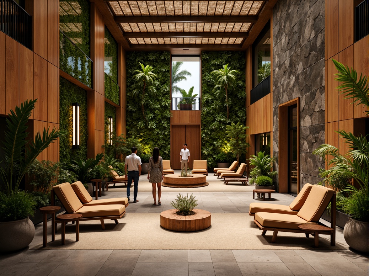 Prompt: Luxurious hotel lobby, reclaimed wood accents, natural stone walls, living green walls, organic textures, earthy color palette, sustainable materials, eco-friendly furniture, rattan chairs, woven bamboo ceilings, tropical plants, warm ambient lighting, shallow depth of field, 1/1 composition, intimate atmosphere, serene ambiance, natural ventilation systems, energy-efficient solutions, minimalist decor, organic patterns, handcrafted wooden fixtures.