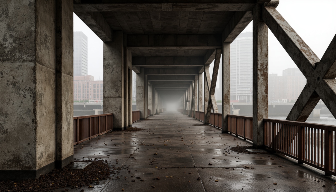 Prompt: Rugged brutalist bridge, industrial metal beams, rough concrete textures, muted earthy tones, weathered steel cables, urban cityscape background, misty atmospheric lighting, dramatic shadows, low-key color palette, monochromatic gray-brown scheme, bold structural lines, geometric shapes, functional design, raw unfinished surfaces, distressed paint effects, decaying infrastructure, high-contrast photography, gritty realistic rendering.