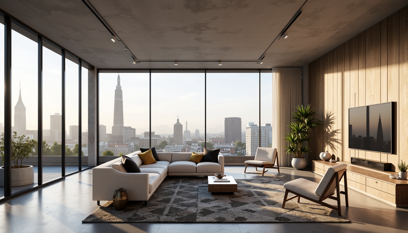 Prompt: Minimalist living room, sleek low-profile furniture, neutral color palette, polished concrete floors, floor-to-ceiling windows, natural light pouring in, urban cityscape views, geometric patterned rugs, industrial chic decor, metallic accents, recessed lighting, open-plan layout, flowing spaces, curved lines, bold art pieces, statement walls, eclectic mix of textures, soft warm glow, shallow depth of field, 2/3 composition, realistic reflections, ambient occlusion.