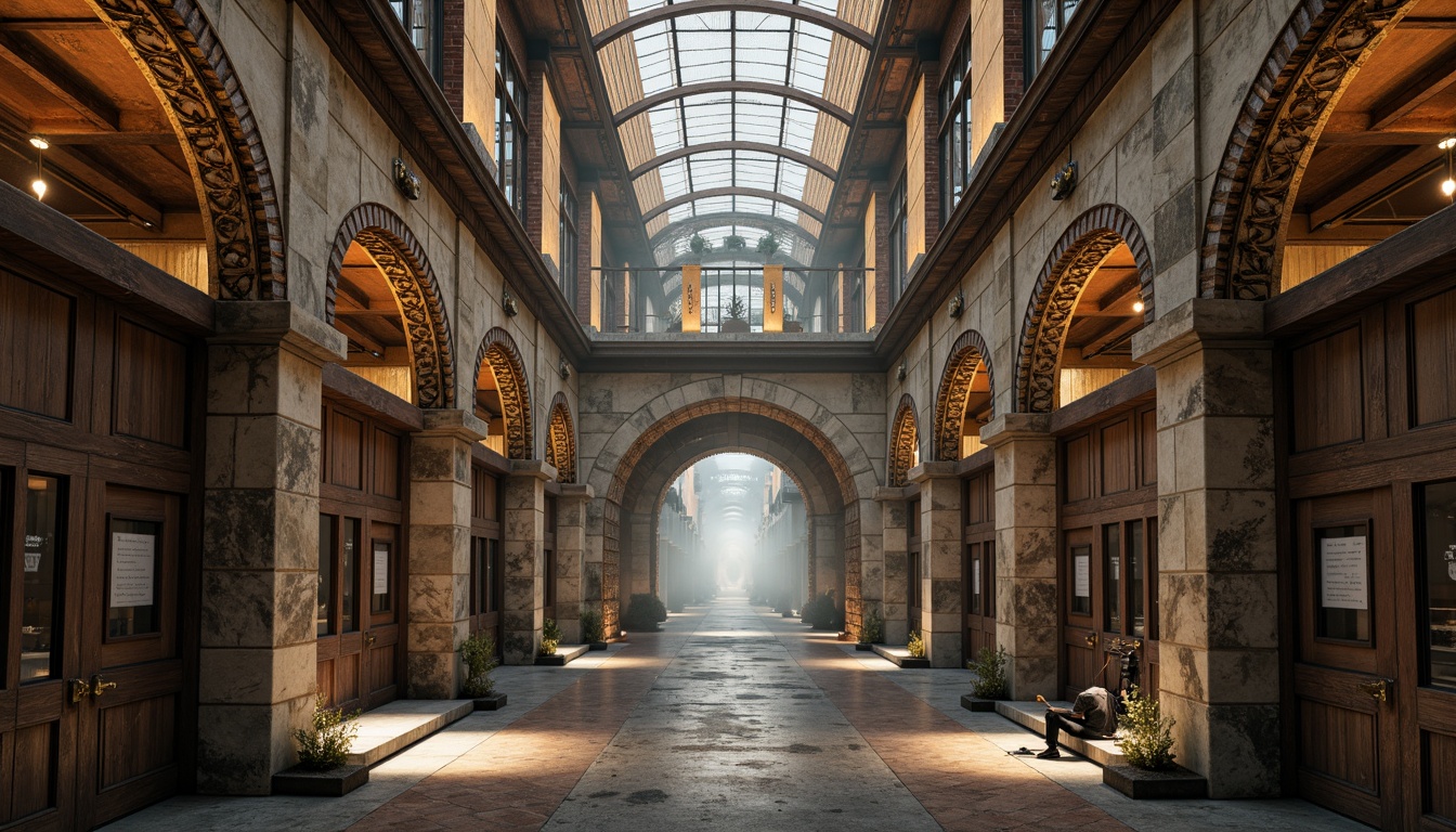 Prompt: Warehouse Byzantine facade, ornate stone carvings, golden domes, grand archways, intricate mosaics, rustic brick walls, industrial metal accents, weathered wooden doors, vintage pulley systems, distressed concrete textures, atmospheric foggy day, warm soft lighting, shallow depth of field, 1/2 composition, realistic material renderings, ambient occlusion.