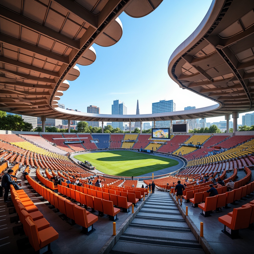 Prompt: Stadium seating area, tiered rows, curved benches, ergonomic chairs, vibrant color schemes, dynamic lighting systems, futuristic architecture, sweeping curves, cantilevered structures, open-air design, natural ventilation, panoramic views, urban skyline backdrop, bustling city atmosphere, warm sunny day, soft focus blur, shallow depth of field, 2/3 composition, cinematic perspective.