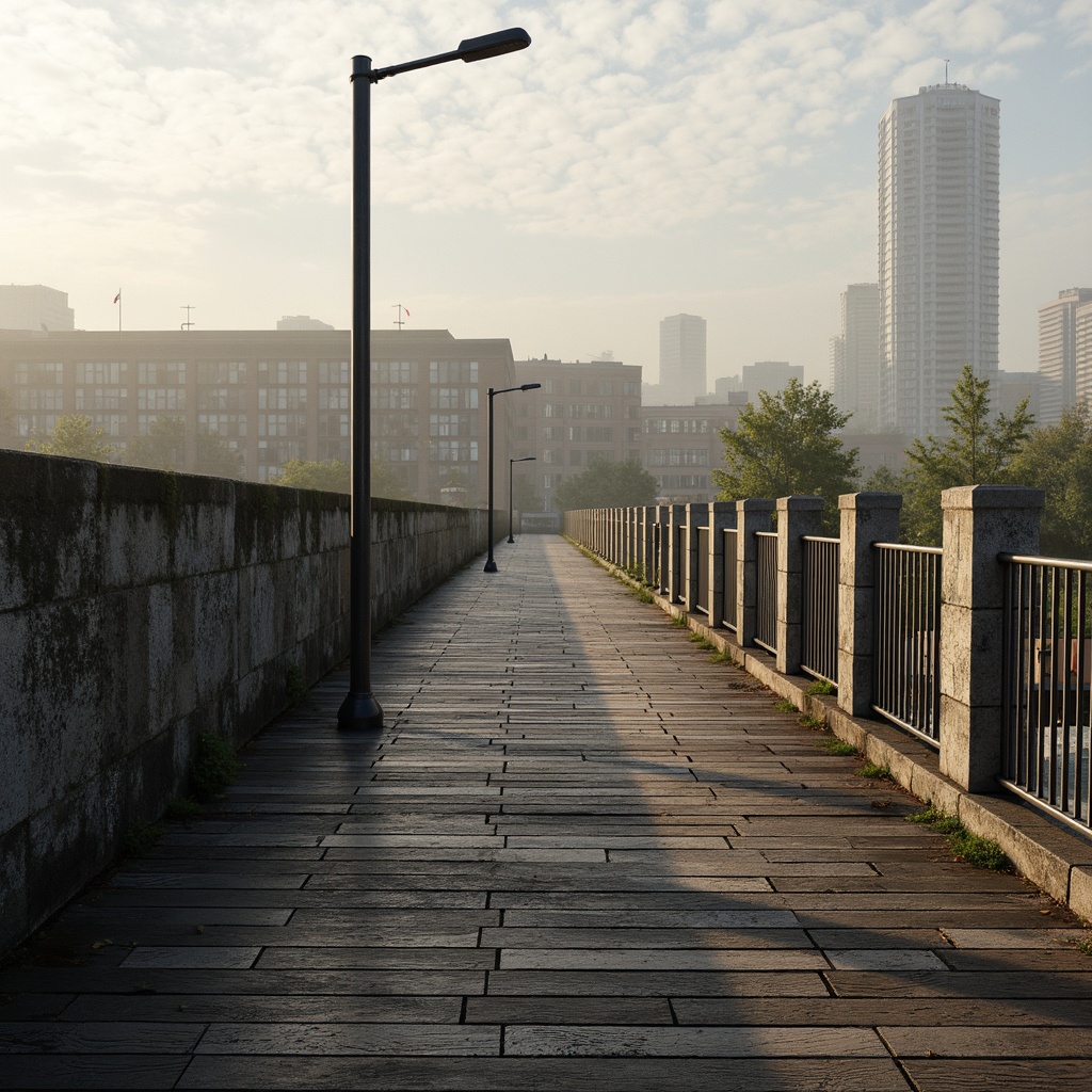 Prompt: Rugged brutalist bridge, exposed concrete surfaces, rough stone walls, metallic railings, worn wooden planks, industrial-style lamp posts, urban cityscape background, misty morning atmosphere, warm natural lighting, shallow depth of field, 2/3 composition, dramatic shadows, realistic textures, ambient occlusion.