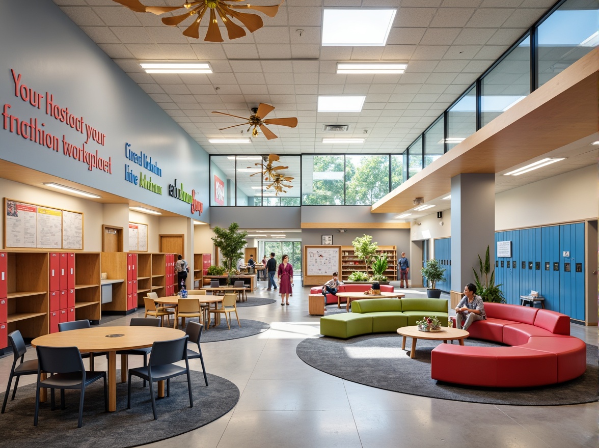 Prompt: Vibrant middle school interior, open classrooms, collaborative learning spaces, colorful lockers, wooden desks, ergonomic chairs, interactive whiteboards, educational posters, floor-to-ceiling windows, natural light, soft carpeting, acoustic panels, flexible seating arrangements, quiet reading nooks, modern lighting fixtures, circular tables, inspirational quotes, motivational artwork, spacious corridors, clear signage, accessible shelving units, durable flooring materials, calming color schemes, 3/4 composition, warm and inviting atmosphere.